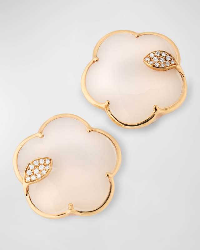 18K Red Gold Milky Quartz and Pave Diamond Flower Earrings